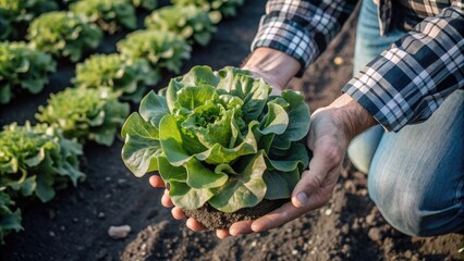 A person holding a fresh, green lettuce head in a thriving vegetable garden, showcasing the beauty of organic farming and sustainable practices.