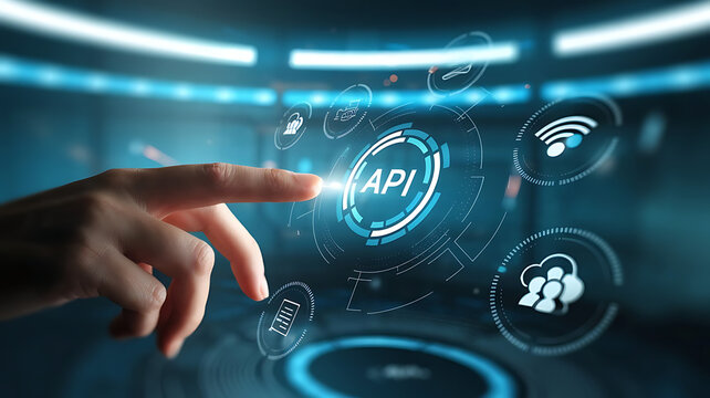 API interface, Application programming interface, Businessmen Interacting with a Futuristic API Interface, business technology, API integration