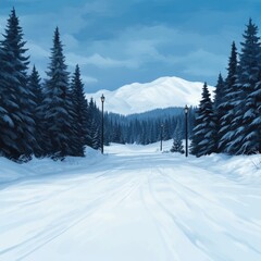 Obraz premium A snowy road winds through a forest, leading to a mountain range in the distance.