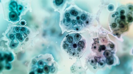 Close-Up Microscope Slide of Fungal Spores with Blurred Laboratory Equipment Background