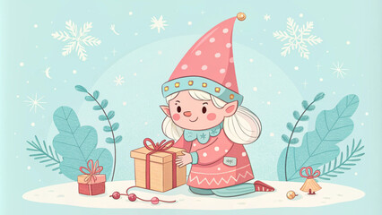 Jolly Christmas gnome holding a beautifully wrapped present