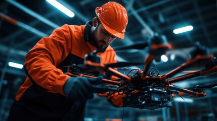 Wide-angle shot of an engineer performing final checks on a drone prototype, preparing it for its first test flight