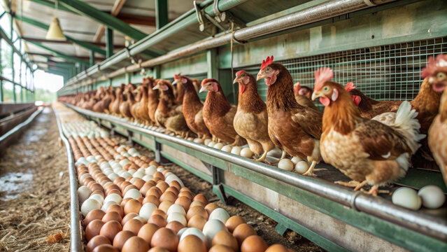 A row of healthy brown hens laying eggs in a poultry farm, showcasing a vibrant scene of farm life and egg production.