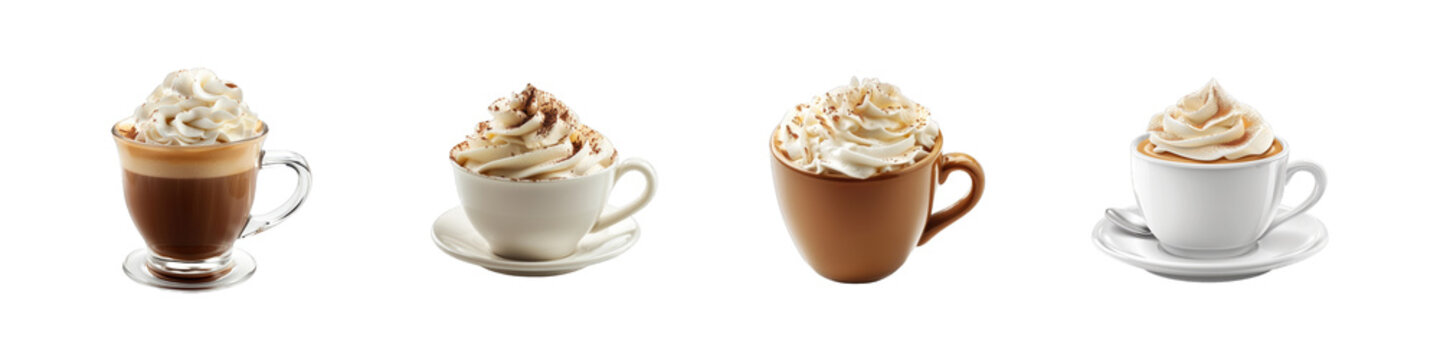 Coffee whipped cream cup collection, set of coffee cream cup isolated on transparent background cutout png Generative AI