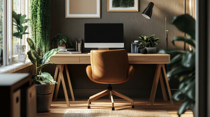 Scandinavian-inspired ergonomic office setup with natural tones, ergonomic desk, supportive chair, and soft lighting