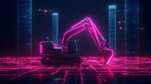 Futuristic Backhoe in Cyberpunk Cityscape - Sleek Construction Machine with Neon Lights Amidst Skyscrapers and Holographic Ads Featuring Flying Drones and Advanced Technology