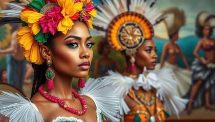Obraz premium Celebrating Cultural Heritage Through Vibrant Traditional Costumes and Makeup