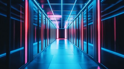 Fototapeta premium A futuristic corridor illuminated by vibrant blue and pink neon light, creating a tech-inspired atmosphere.