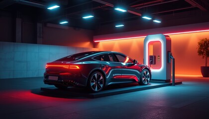 Electric Car Charges at Futuristic Station