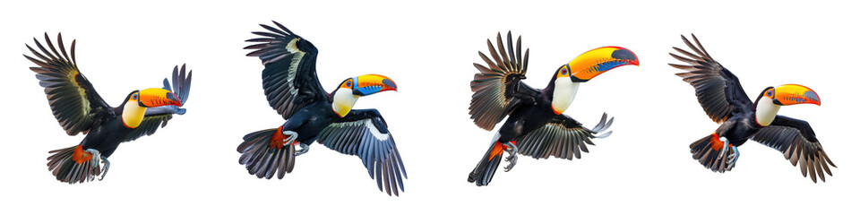Toucan collection, set of Toucans flying isolated on transparent background cutout png Generative AI