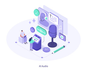 AI voice generation concept. Characters using artificial intelligence generative tool to create sound, text to audio, speech voices. Isometric vector illustration.