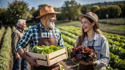 Farmers smiling and sharing fresh produce outdoors. A man and woman work together in a lush green field, embodying community and sustainable farming.