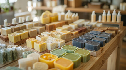 Fototapeta premium Small-batch artisanal soap-making workshop, filled with natural ingredients, molds, and finished handmade soaps displayed neatly