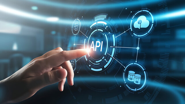 API interface, Application programming interface, Businessmen Interacting with a Futuristic API Interface, business technology, API integration