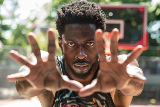 Athlete preparing on the court for a basketball competition, focusing on fitness and performance while stretching and warming up his arms
