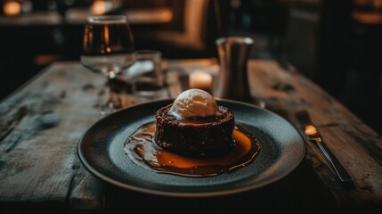 Fototapeta premium Decadent Dessert with Ice Cream on Dark Wooden Table