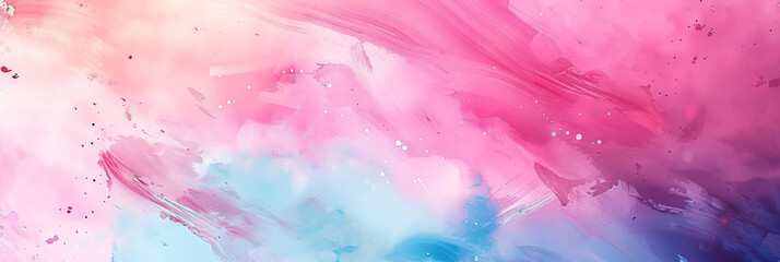Obraz premium Vibrant abstract background in pink and blue tones with soft brush strokes and splatters. Concept of creative expression, pastel gradients, ethereal texture, modern digital art. Banner. Copy space