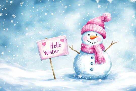 Charming snowman with hello winter sign amidst falling snowflakes