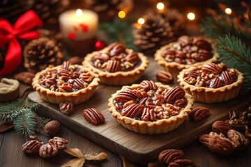 Fototapeta premium Pecan Tarts on Wooden Plate with Holiday Decor