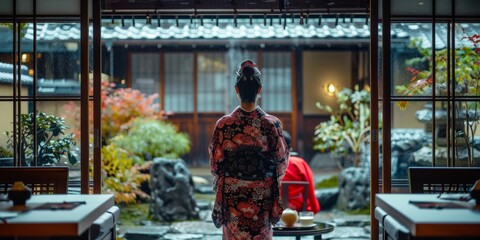 Obraz premium Women in traditional attire participating in a tea ceremony in a cultural room, showcasing heritage and customs with a respectful atmosphere and vintage aesthetics