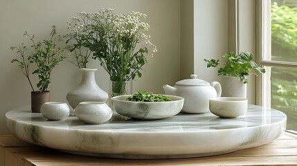 Fototapeta premium Elegant marble podium showcasing a traditional Chinese herbal tea display surrounded by fresh herbs aromatic teapots and a calming inviting atmosphere for a wellness focused lifestyle
