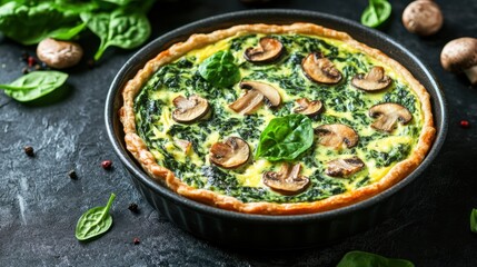 Spinach and Mushroom Quiche Freshly Baked in Dish