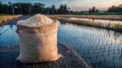 Naklejka premium A burlap sack filled with uncooked rice sits beside a serene rice field at sunset, showcasing the beauty of agricultural produce and nature.