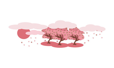 Cherry blossoms sakura trees under clouds and red sunset sun on white. Sakura festival - color vector illustration for web design, packaging, cards, invitations