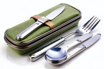Compact Cutlery Set Isolated on White Background for Travel Use, Featuring Fork, Knife, and Spoon in Close-Up Shot Perfect for Food Photography, Camping, and Outdoor Adventures