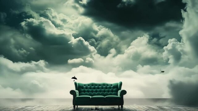 A green couch is sitting in front of a wall of clouds. The couch is the only object in the image, and it is the focal point of the scene. The clouds in the background create a sense of depth