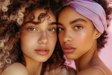 Obraz premium Portrait of a woman with an afro surrounded by friends, showcasing a natural aesthetic against a purple backdrop, celebrating beauty, wellness, and togetherness with makeup