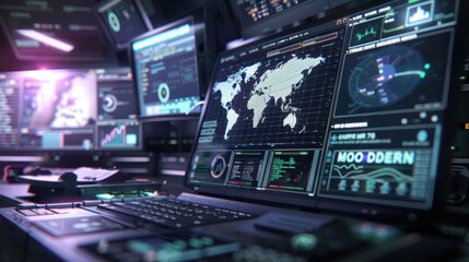 Computer display featuring cybersecurity and tech themes for nighttime monitoring, data security, and coding. Includes GDPR, satellite hacking, and software development elements