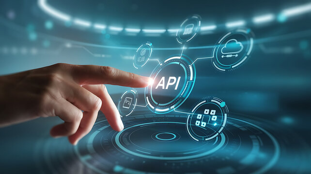 API interface, Application programming interface, Businessmen Interacting with a Futuristic API Interface, business technology, API integration