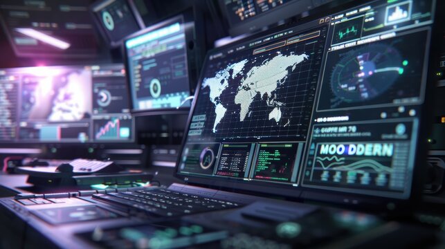 Computer display featuring cybersecurity and tech themes for nighttime monitoring, data security, and coding. Includes GDPR, satellite hacking, and software development elements