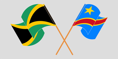 Crossed and waving flags of Jamaica and Democratic Republic of the Congo. Vector illustration