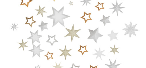 A graphic design featuring an abstract pattern of stars in various shades of white, gold, and silver on a black background.