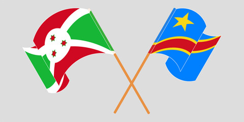 Crossed and waving flags of Burundi and Democratic Republic of the Congo. Vector illustration