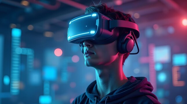 Young man wearing a VR headset in a futuristic room with neon lighting, immersed in a digital virtual reality experience. Concept of technology and immersive entertainment. Design for wallpaper