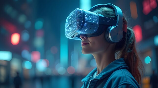 Woman wearing a VR headset in a neon-lit cityscape, experiencing virtual reality in an urban environment. Concept of immersive technology and futuristic entertainment. Design for wallpaper, banner