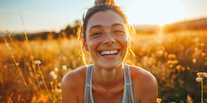 Female coach training and posing in a sunny outdoor setting, expressing excitement for teaching fitness and wellness. Enthusiastic mentor focused on exercise, workouts, and athlete development