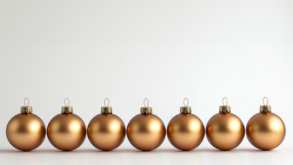 Row of gold Christmas balls over white background with copy space