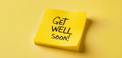 Get well soon written on yellow sticky note, expressing good wishes and positive message