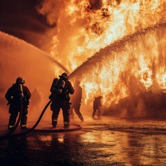 Firefighters Battling Intense Blaze at Night