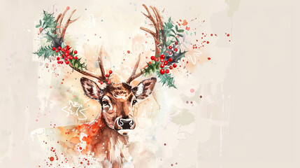Colorful Watercolor Illustration of a Reindeer with Festive Antlers Adorned with Holly Berries and Leaves. Copy space