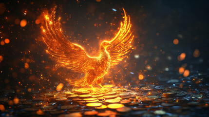 Financial empowerment represented as a radiant phoenix rising from coins and paper money, glowing with digital energy