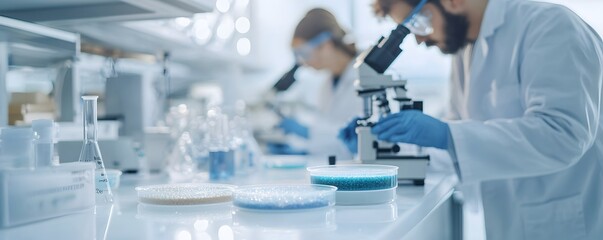 Fototapeta premium Close-Up of Preclinical Gut Health Research in a Sterile Lab - Scientists Analyzing Bacterial Cultures and Microscopic Structures in a High-Tech Laboratory Setting