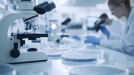 Preclinical Research Lab Focused on Gut Health - Close-Up of Petri Dishes and Scientists Examining Microbiome Samples with Microscopes