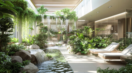 Geriatric care facility with soothing natural elements like indoor gardens and flowing water, elderly patients relaxing while being monitored by discreet wearable tech