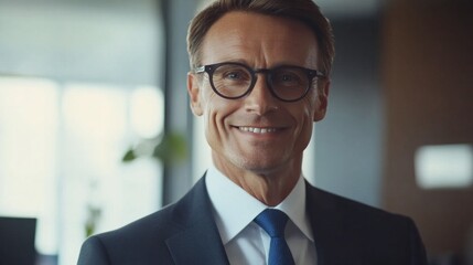 Naklejka premium A man wearing a suit and glasses is smiling