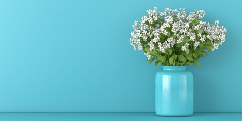 A serene arrangement of white flowers in a blue vase against a matching backdrop, creating a refreshing and calming aesthetic.